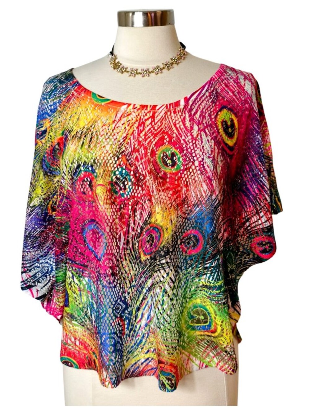 Dots Womens XL Kaftan Top Peacock Feather Print Loose Fit Lightweight Festive